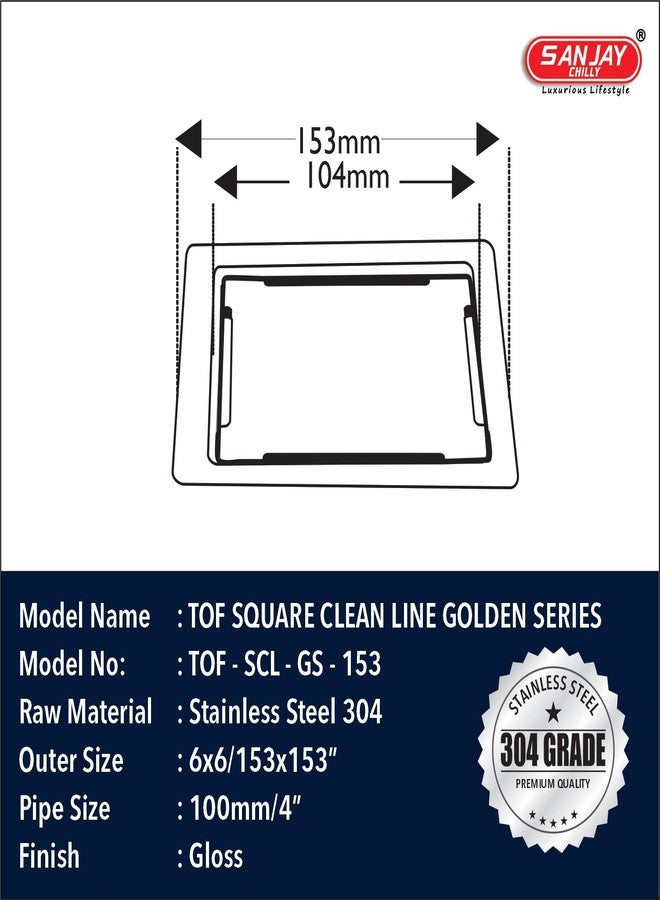 Sanjay Chilly SS Floor Drain for Bathroom 304 Grade Waste Water Floor Drain Cover Jali Kitchen Sink Washbasin Bathtub Hair Catcher (Square Clean Line - Golden Series- 6X6 Inch) - Image 3